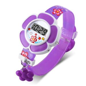 Montre fille à cadran numérique violette à fleurs